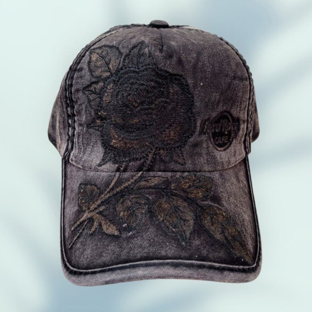 HARD ROCK CAFE Womens Hat Acid Wash Black Rose Baseball Cap Strapback Cotton